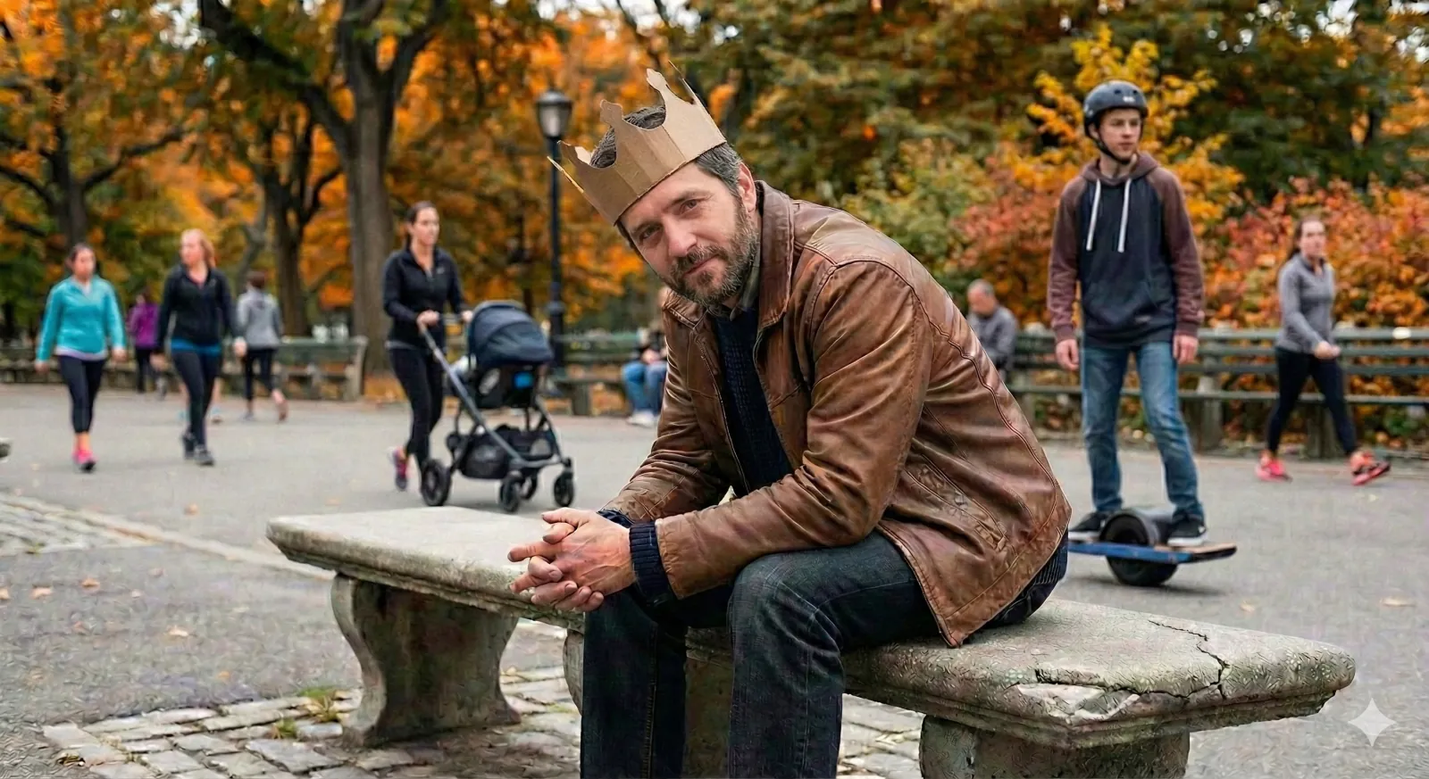 Man on a park bench wearing a cardboard crown.